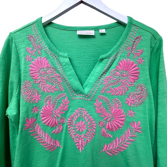 Kim Gravel Bellisima Top Medium Petite Green Pink Embroidery 3/4 Sleeve Tee - Picture 2 of 10